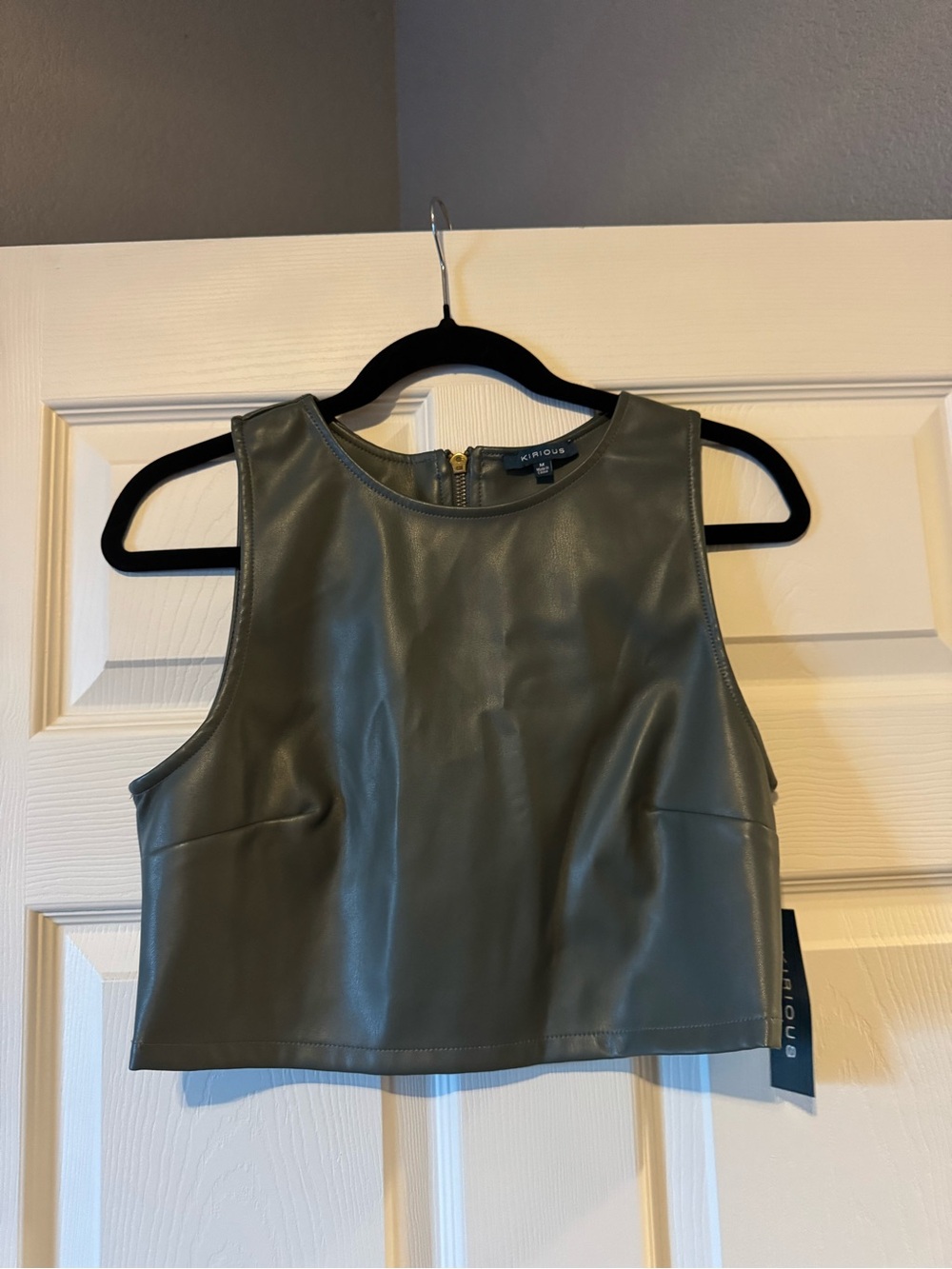 Faux Leather Cropped Tank Top - Olive Green - Picture 1 of 3